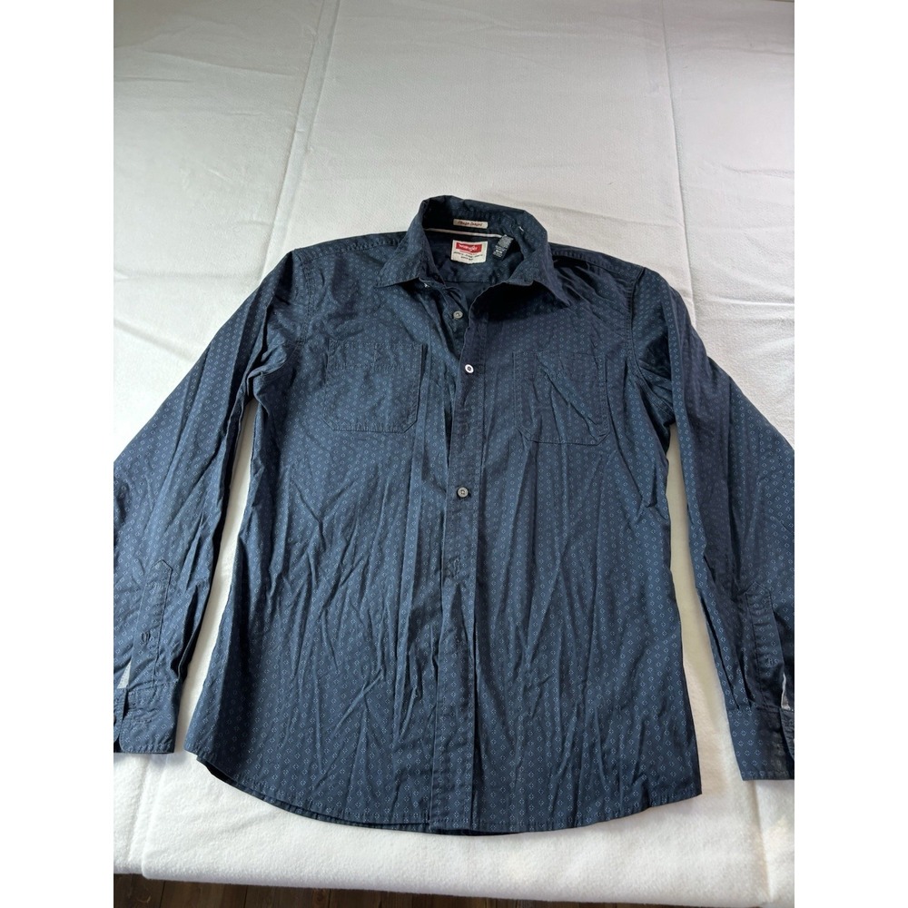 Wrangler Mens Button Up Shirt Medium Blue Navy Flex For Comfort Long Sleeve